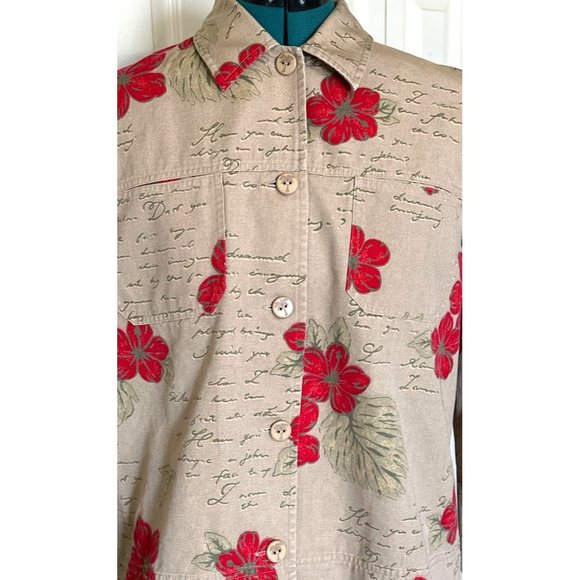 Hearts of Palm Collared Jacket Beige Red Floral Print 100% Cotton Women's Size 8 - Picture 9 of 16